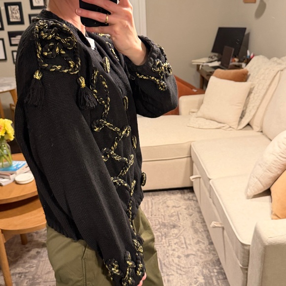 Vintage Embellished Napoleon Sweater Jacket with Tassels Black Gold Size Small - Picture 2 of 12